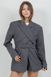 Woven Jacket Blazer w/ Detachable Wrap Around Belt